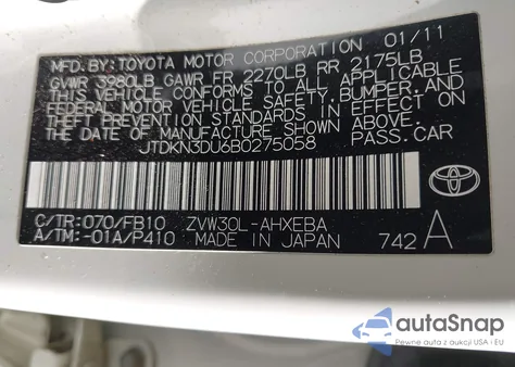 2011 Toyota Prius from USA, damaged, VIN JTDKN3DU6B0275058